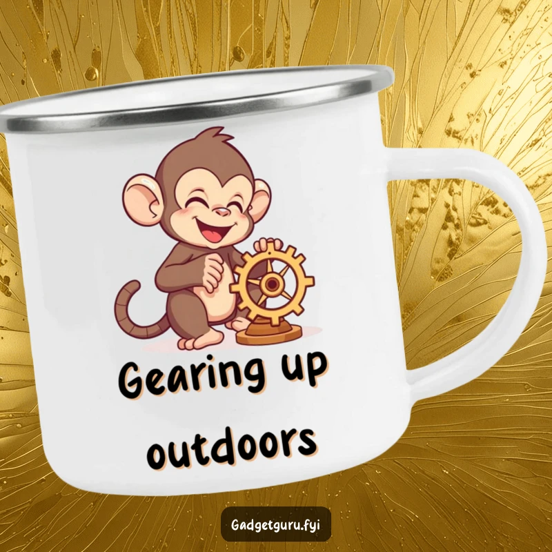Funny monkey character tinkering with a small gear, perfect for outdoor settings, on a rugged camping mug.