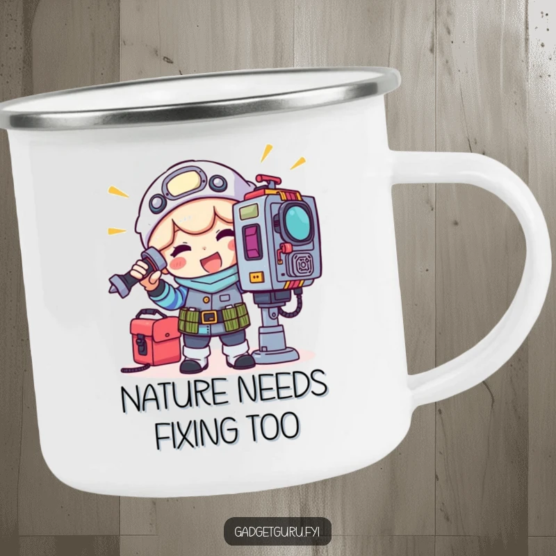 Funny camping mug showing a cheerful gadget tinkerer character with tools adjusting a blinking light on a complex device.