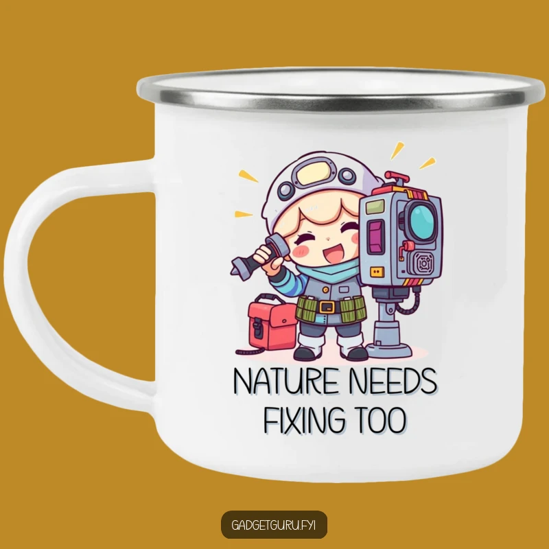 Funny Gadget Tinkerer Camping Mug: Adventure with Humor, Toolkit Character Design, Great Gift