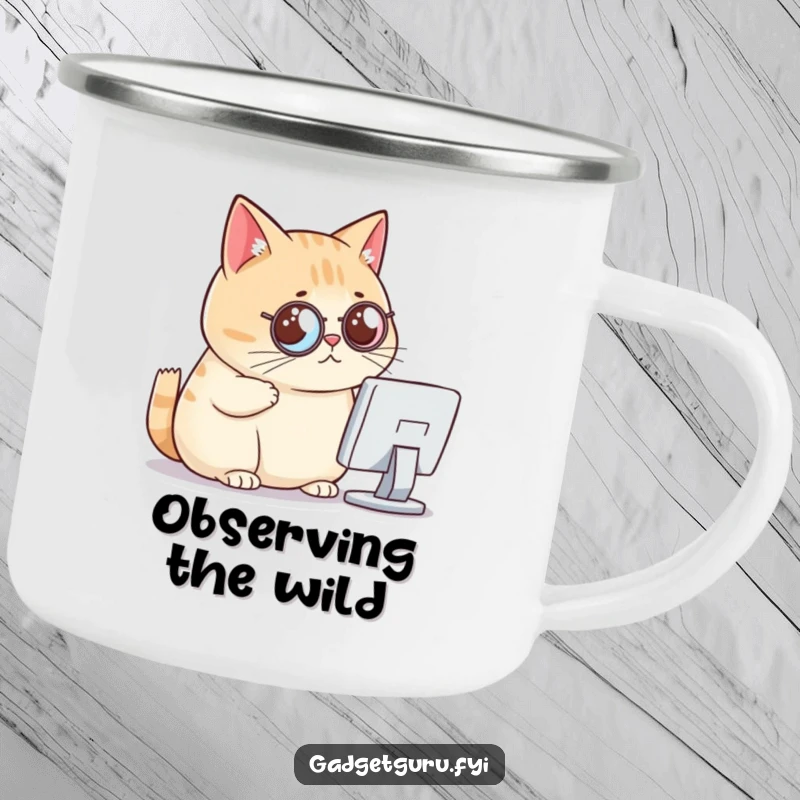 Funny cat camping mug, a chubby cat with a monocle critically viewing a tiny computer screen, for discerning campers.