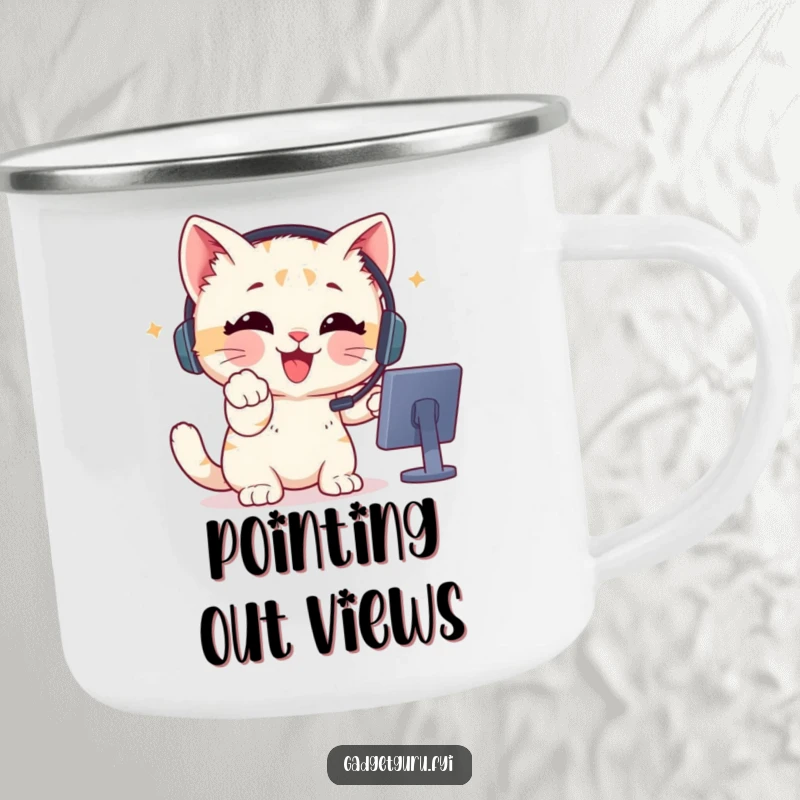 Funny Camping Mug showing a delighted kitten with a headset, pointing at a screen, perfect for outdoor gaming.