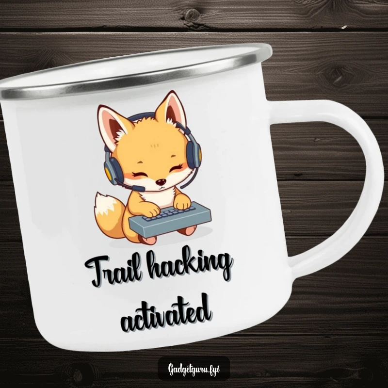 Funny Fox Cub Coder Camping Mug: A rugged camping mug featuring a fox cub with a headset typing on a miniature keyboard, ready for outdoor coding.