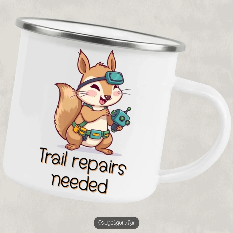 Funny Squirrel Mechanic Camping Mug: A rugged camping mug featuring a squirrel with a tool belt working on a tiny robot, ready for outdoor adventures.