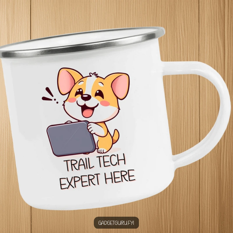 Funny Dog Camping Mug: A cheerful dog enthusiastically demonstrates a new device, perfect for outdoor use.