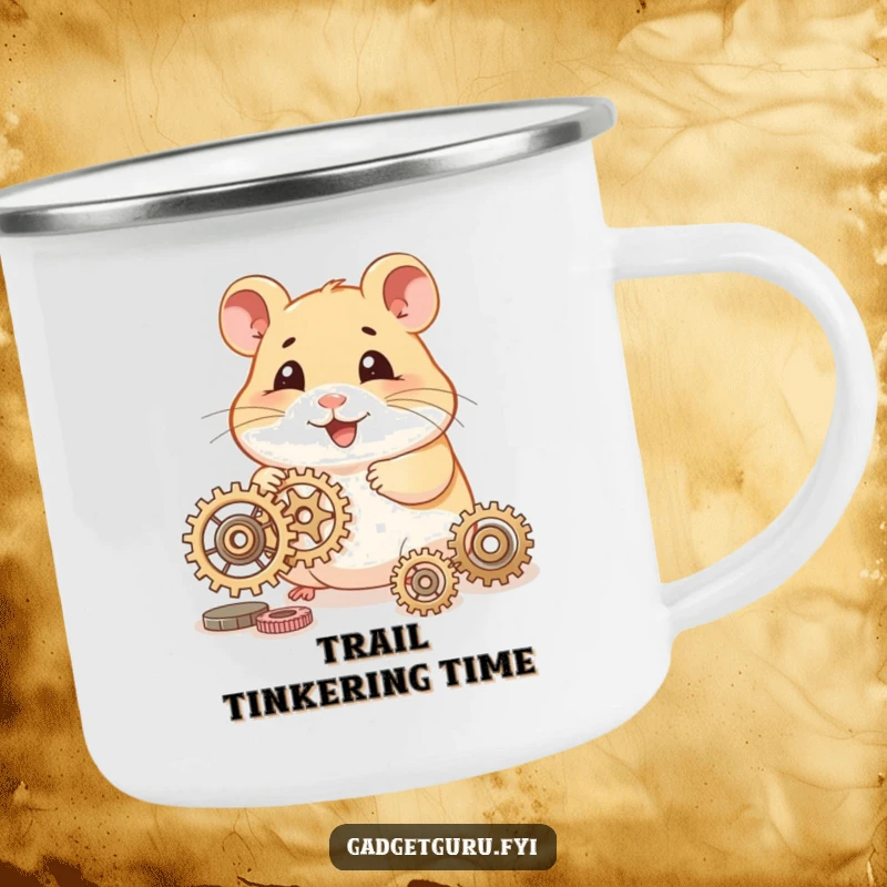 Funny hamster enamel camping mug featuring a smiling character tinkering with tiny gears, ready for outdoor projects.