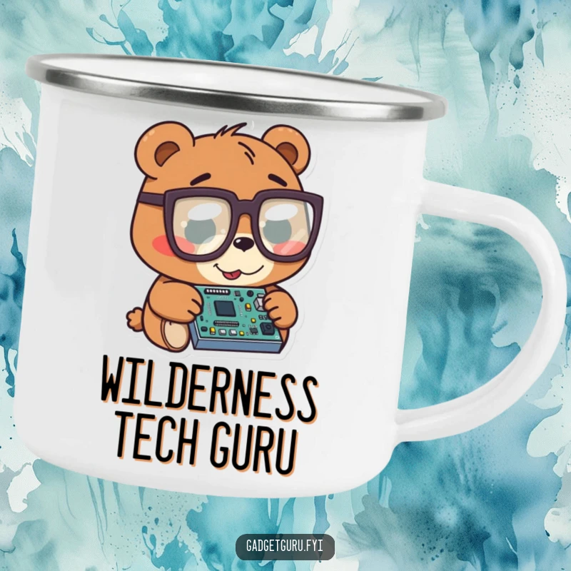 Funny bear character in oversized glasses examining a tiny circuit board, designed for durability on a camping mug.