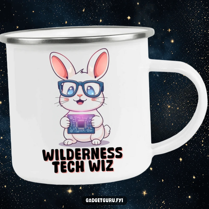 Funny Rabbit Scientist Camping Mug: A rugged camping mug featuring a rabbit with glasses holding a glowing circuit board, ready for outdoor discoveries.