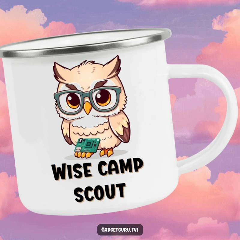 Funny cute owl character wearing oversized glasses, examining a tiny circuit board, designed for a durable and funny camping mug.