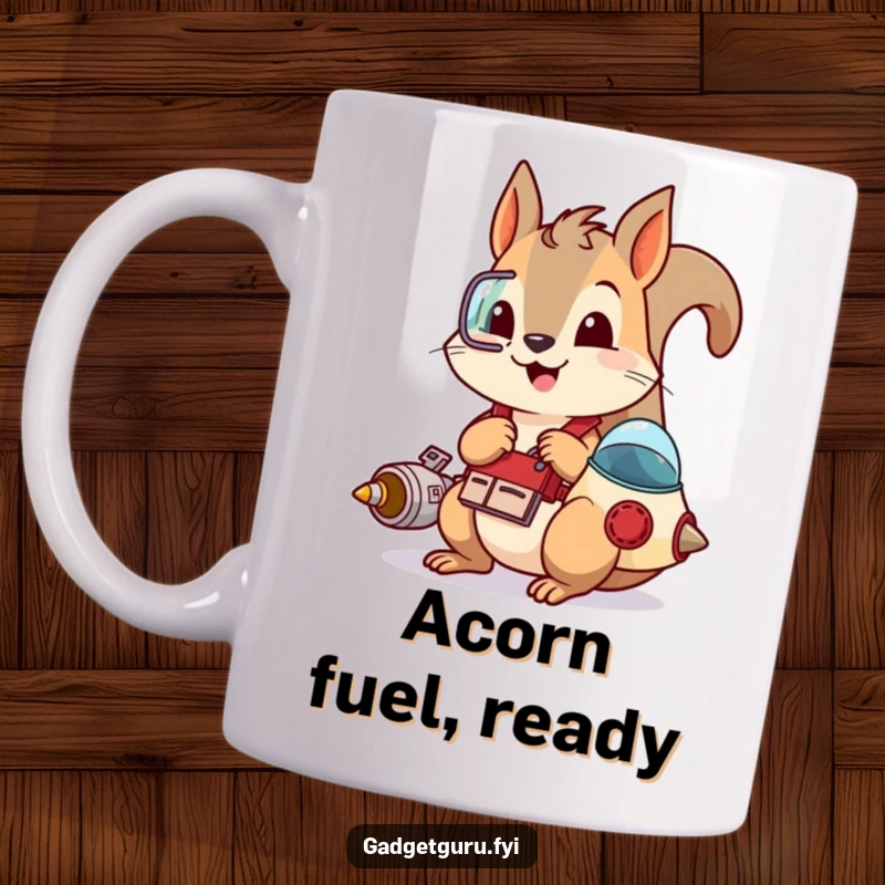 Funny mug depicting a playful squirrel wearing a tool belt and busily tinkering with a small, whimsical spaceship, radiating ingenuity.