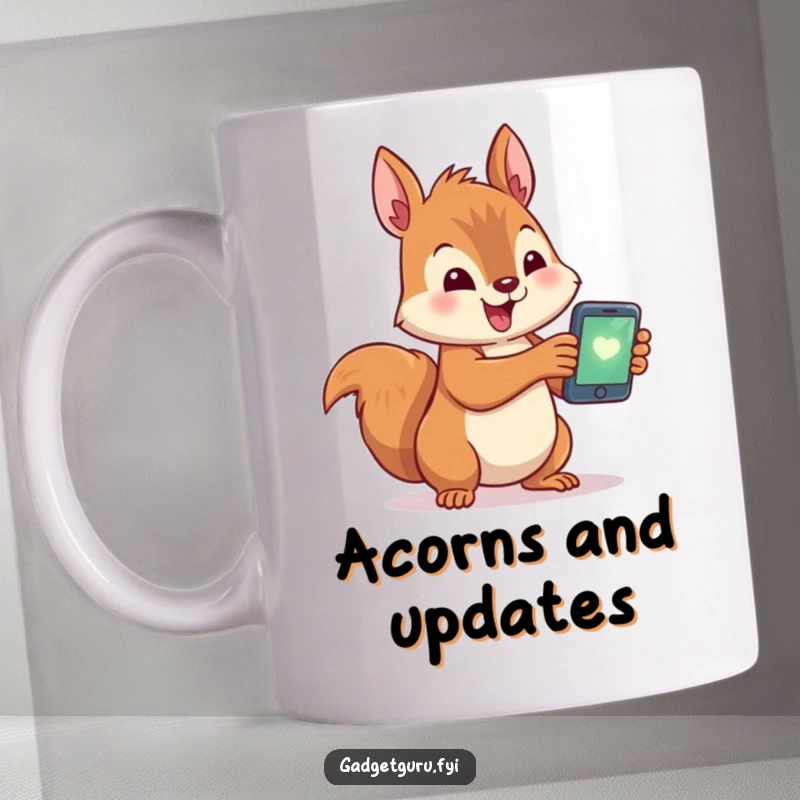 Funny mug featuring a cute squirrel character excitedly holding and looking at a tiny, glowing smartphone, representing modern obsession.