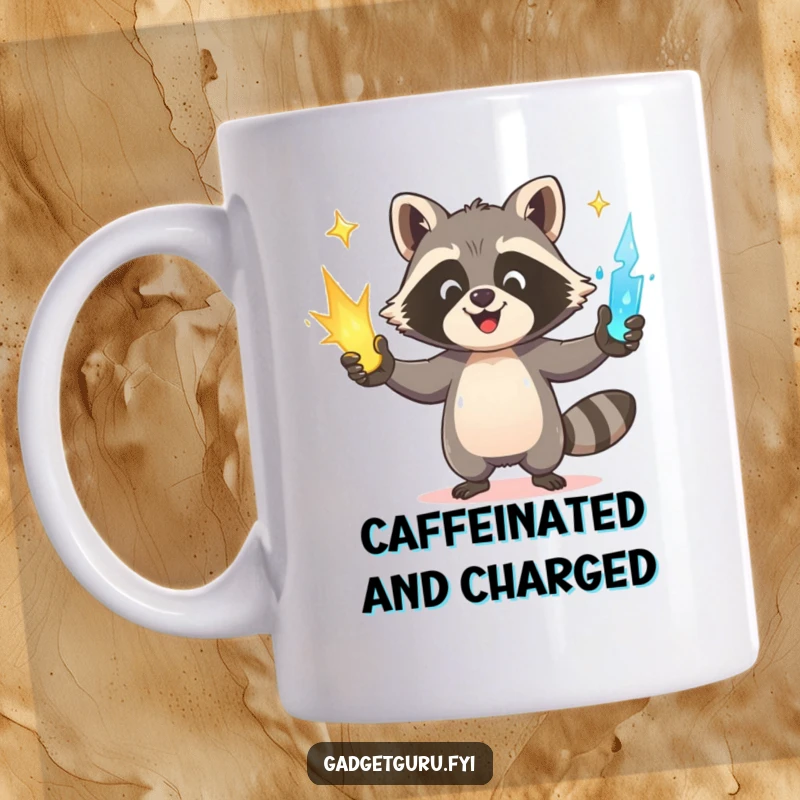 Funny Raccoon Mug: A happy raccoon playfully juggles three different glowing power sources, symbolizing multitasking and energy.