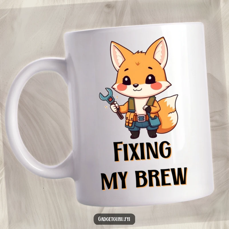 Funny fox mug featuring a small, clever character in a tool belt holding a miniature wrench, ready to fix things.