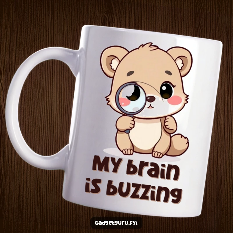 Funny animal mug with a magnifying glass examining a complex diagram, showcasing intelligence and curiosity, a prime funny gift.