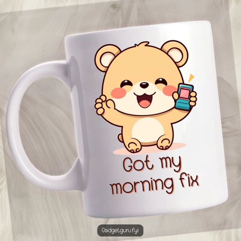 Funny Bear Gadget Mug: A cheerful bear character proudly displaying a small, flashing electronic device, embodying tech joy and humor.