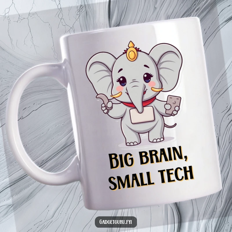 Funny mug of a wise elephant character demonstrating a small, new electronic device with an intelligent expression. A humorous take on technology adoption.