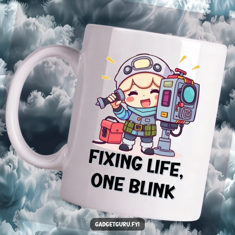 Funny mug with a happy gadget tinkerer character using a toolkit to adjust a blinking light on a complicated machine.