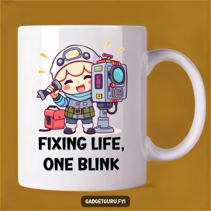 Funny Gadget Tinkerer Mug: Hilarious Toolkit Character Adjusting Blinking Light, Perfect Gift