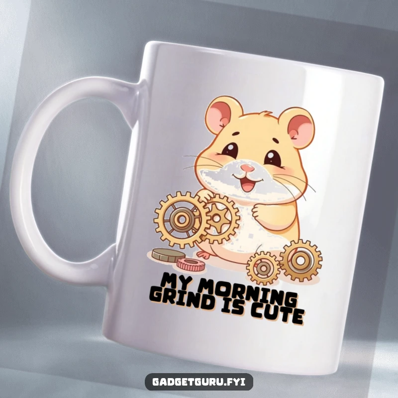 Funny hamster mug character happily tinkering with intricate tiny gears, showcasing industriousness and charm.