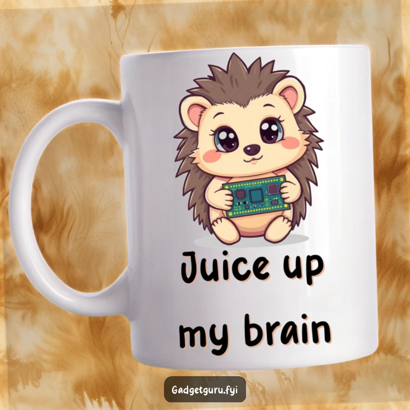 Funny hedgehog mug with a curious character holding a tiny circuit board, wide-eyed, a humorous gift for tech lovers.