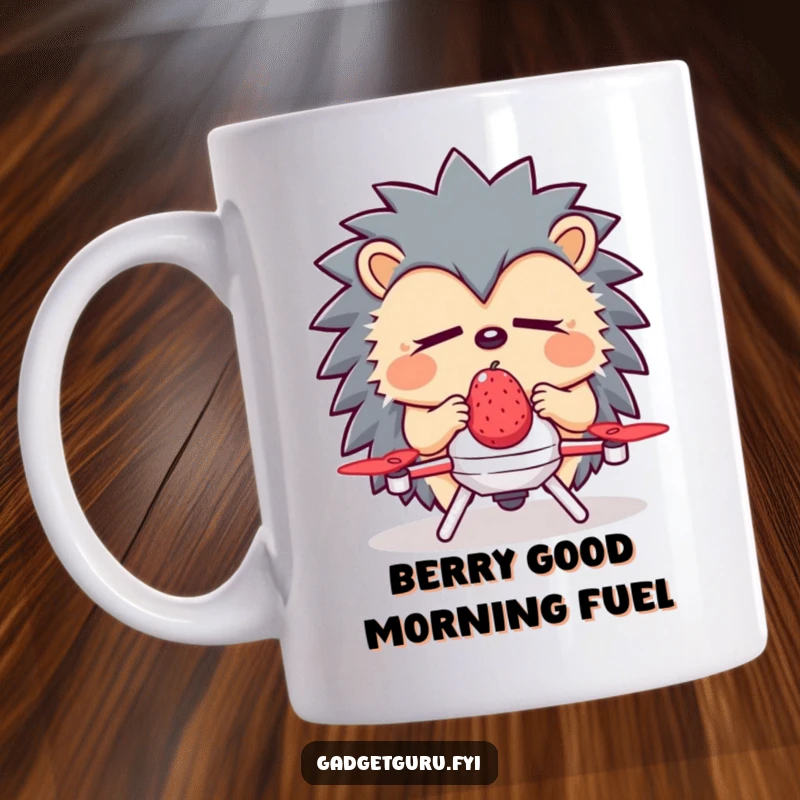 Funny Hedgehog Mug: A sleepy hedgehog uses a tiny drone to deliver a single berry, symbolizing relaxed efficiency.