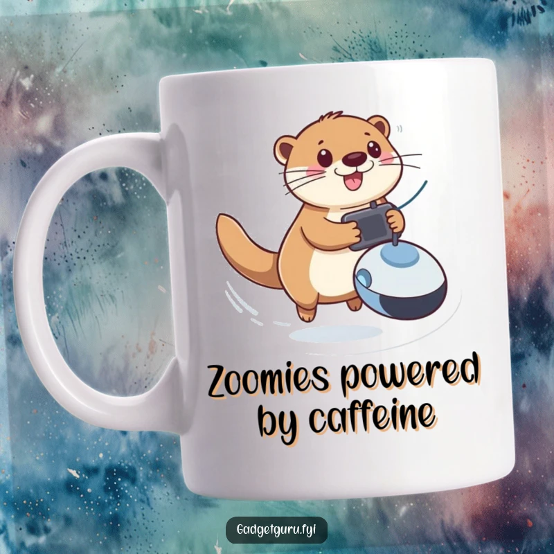 Funny mug showing a happy otter zooming with a remote-controlled toy, capturing pure joy and playful energy.