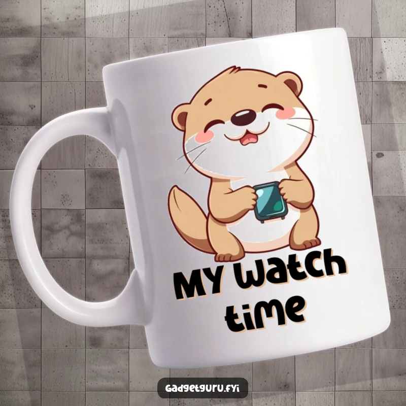 Funny otter mug showing a cheerful character joyfully interacting with a tiny, glowing smartwatch.