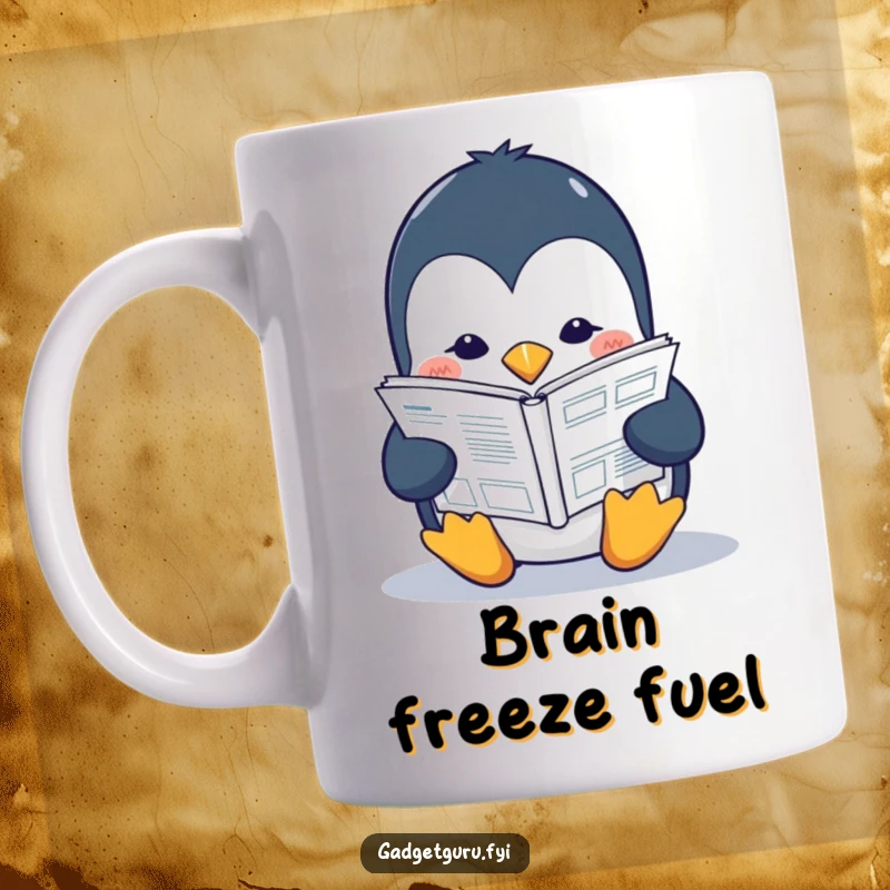 Funny penguin mug with a studious character intently reading a tiny tech manual, embodying focus and intelligence.