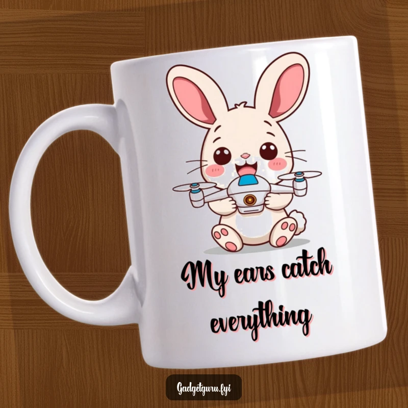 Funny rabbit mug with energetic ears holding a tiny drone, a cheerful expression, and a love for gadgets.