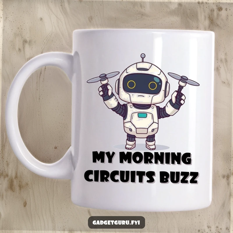 Funny mug showing a small, excited robot character holding up a tiny, spinning drone with a cheerful, proud expression.