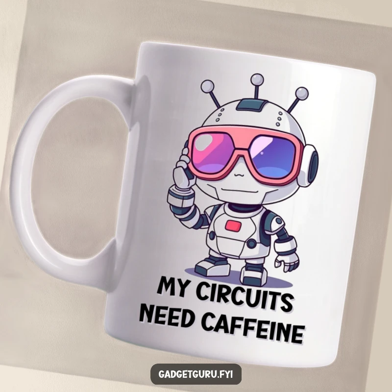 Funny robot mug character happily adjusting large, futuristic glasses, conveying curiosity and cool tech style.