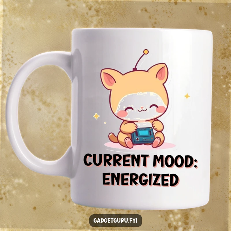 Funny Small Animal with Antenna Critter Joyfully Tinkering with a Tiny Circuit Mug, a Creative Gift.