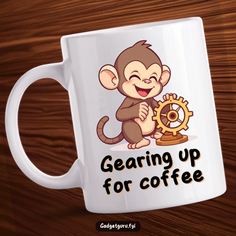 Funny monkey character joyfully working on a small, whirring gear, showcasing mechanical skill and happiness, on a mug.