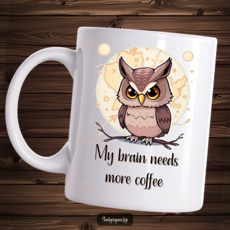 Funny Owl Mug: A curious owl intently studies a complex, glowing map, symbolizing discovery and intellectual pursuit.