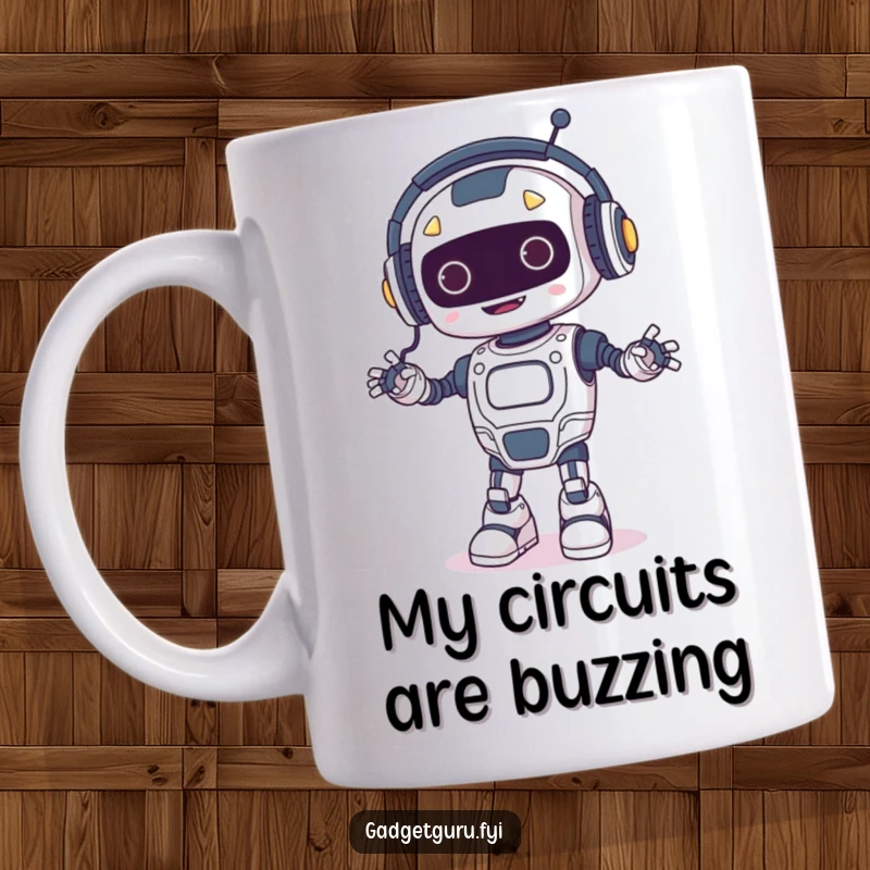 Funny mug depicting a happy robot wearing tiny headphones and dancing energetically, with glowing wires adding a vibrant, futuristic feel.