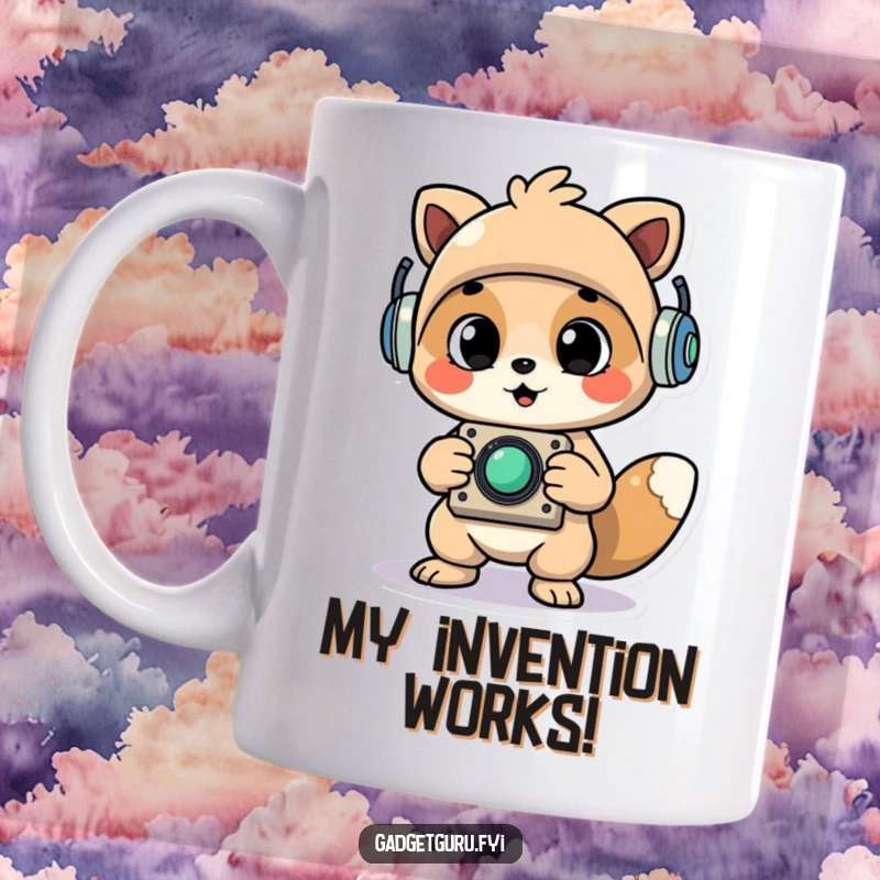 Funny Cheerful Animal Character Proudly Holding Up a Newly Assembled Whimsical Gadget Mug, a Celebratory Gift.