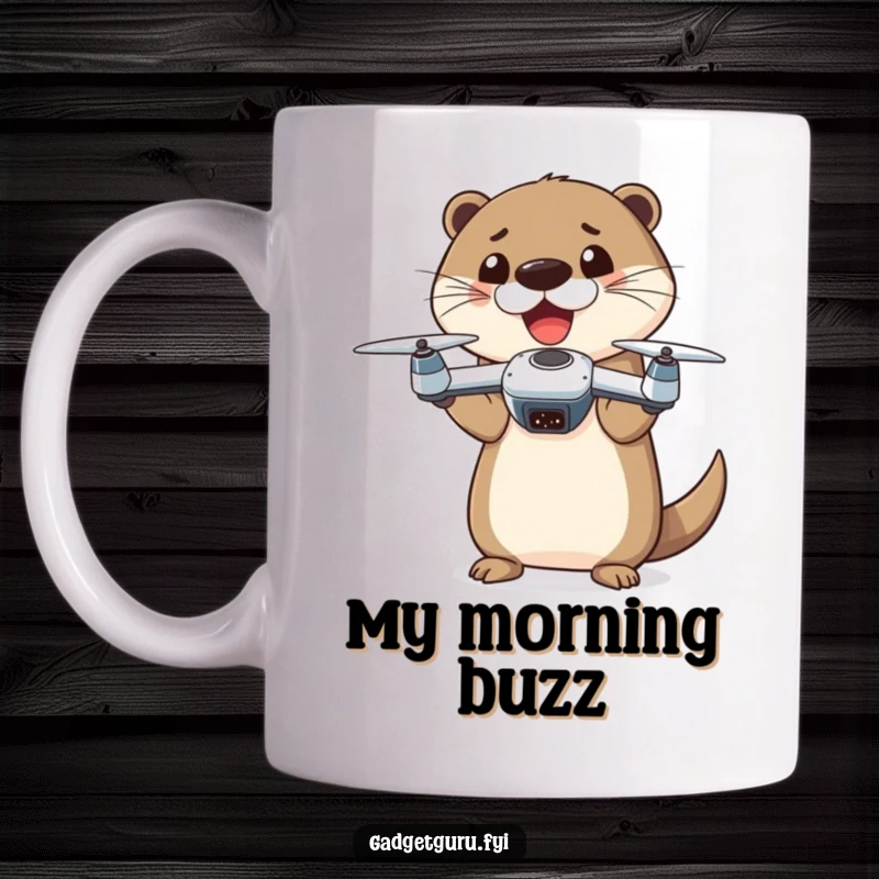 Funny otter character excitedly displaying a miniature drone, embodying playfulness and tech excitement, on a coffee mug.