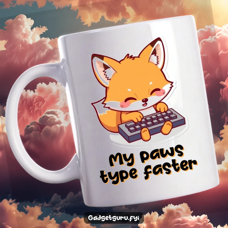 Funny Kawaii Fox Mug: Adorable cartoon fox furiously typing on a tiny keyboard, expressing intense focus and tech humor.