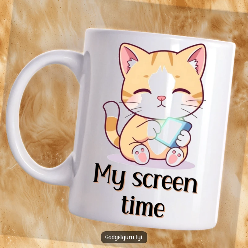 Funny cat mug showing a curious kitty pawing playfully at a small, glowing futuristic screen.