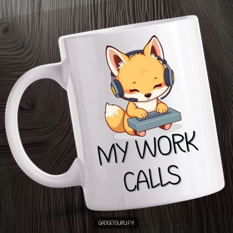 Funny Fox Cub Coder Mug: A cute fox cub wearing a headset intently taps on a miniature keyboard, representing focused tech work.