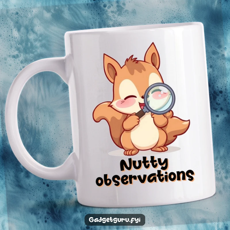 Funny Mug showing a playful squirrel character excitedly examining something with a magnifying glass, celebrating curiosity and nature.