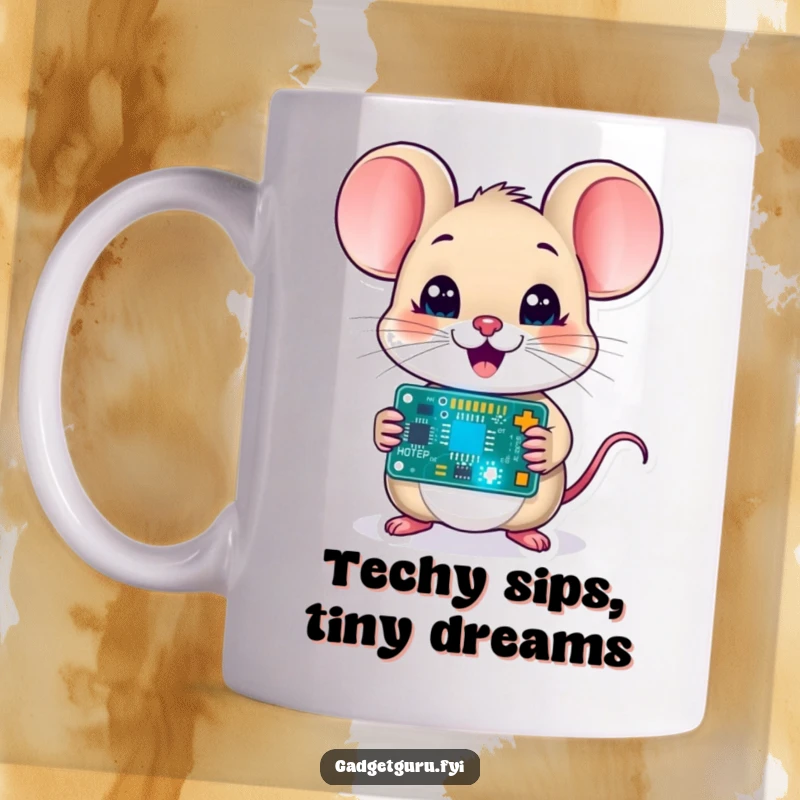 Funny delighted mouse character holding a tiny, blinking circuit board, depicted on a mug, ideal for a tech-themed and humorous gift.