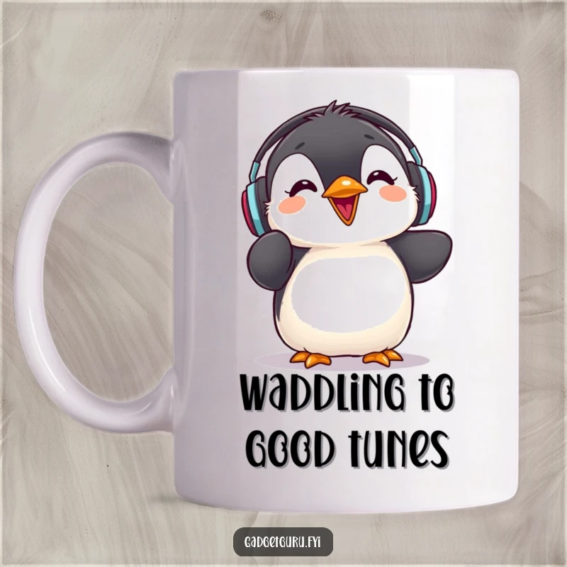 Funny penguin chick mug, wearing headphones and excitedly giving a rave review, symbolizing pure joy and great taste.