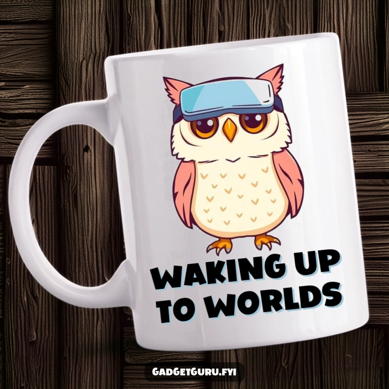 Funny owl character wearing tiny VR goggles, embodying creativity and virtual exploration, on a coffee mug.