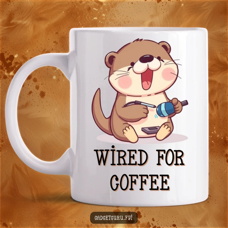 Funny Mug featuring an excited otter with a small soldering iron, enthusiastically assembling a mysterious gadget.