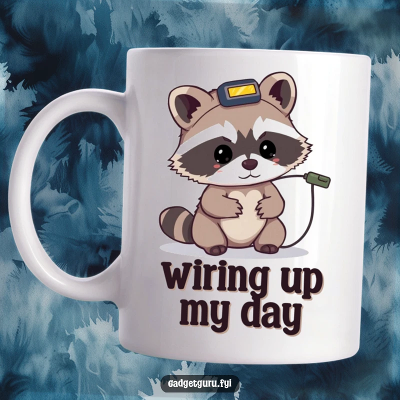 Funny raccoon mug showing a tiny character wearing a headlamp, intently examining a small wire.