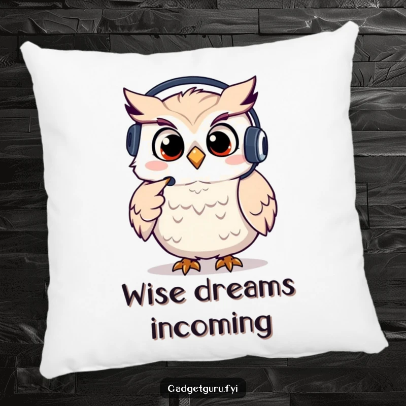 Funny owl pillow with a giggling character wearing a headset and pointing, perfect for adding cozy, supportive decor.