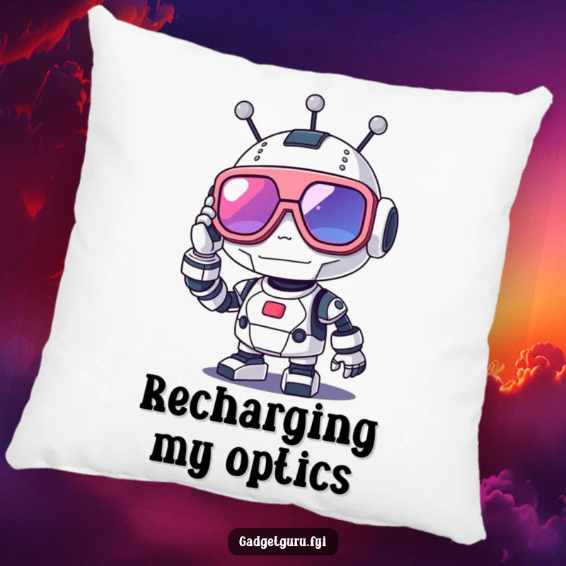 Funny robot pillow with a cute character adjusting oversized futuristic glasses, perfect for adding geeky comfort.