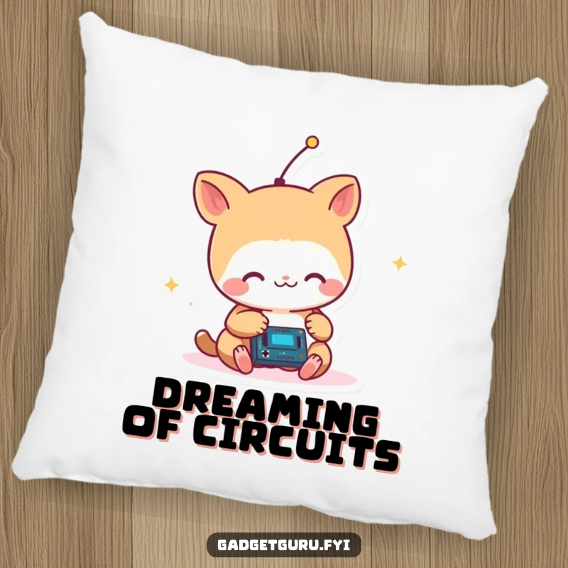 Funny Small Animal with Antenna Critter Joyfully Tinkering with a Tiny Circuit Pillow, Soft and Humorous Decor.