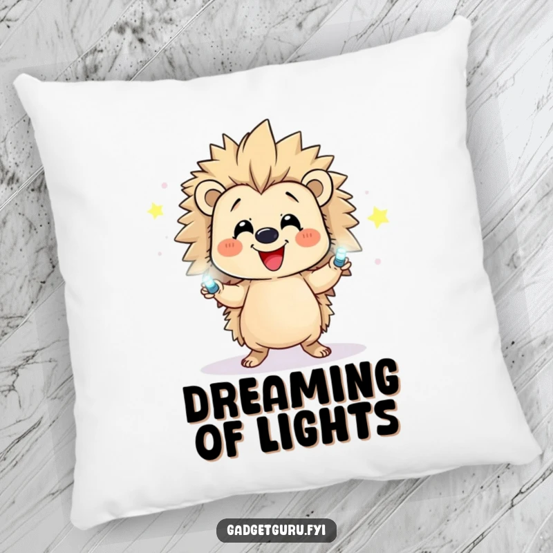 Funny pillow featuring a happy hedgehog character juggling small, flashing LEDs, bringing a touch of light and fun.