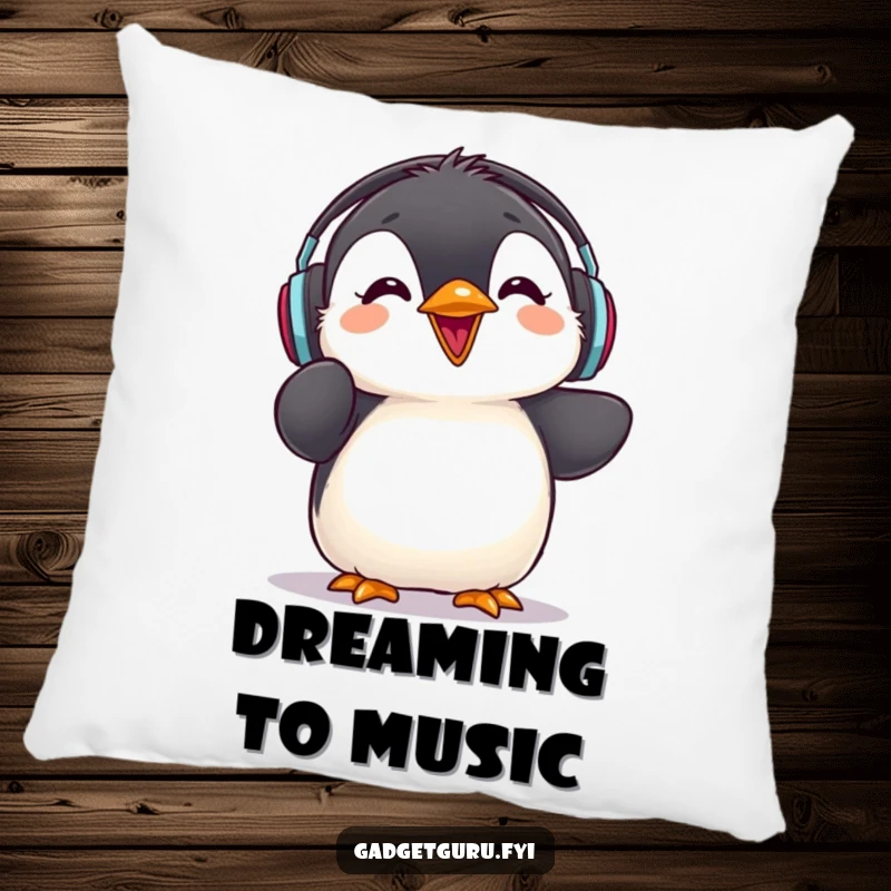 Funny penguin chick pillow, wearing headphones and giving a rave review, a cute accent for music lovers.